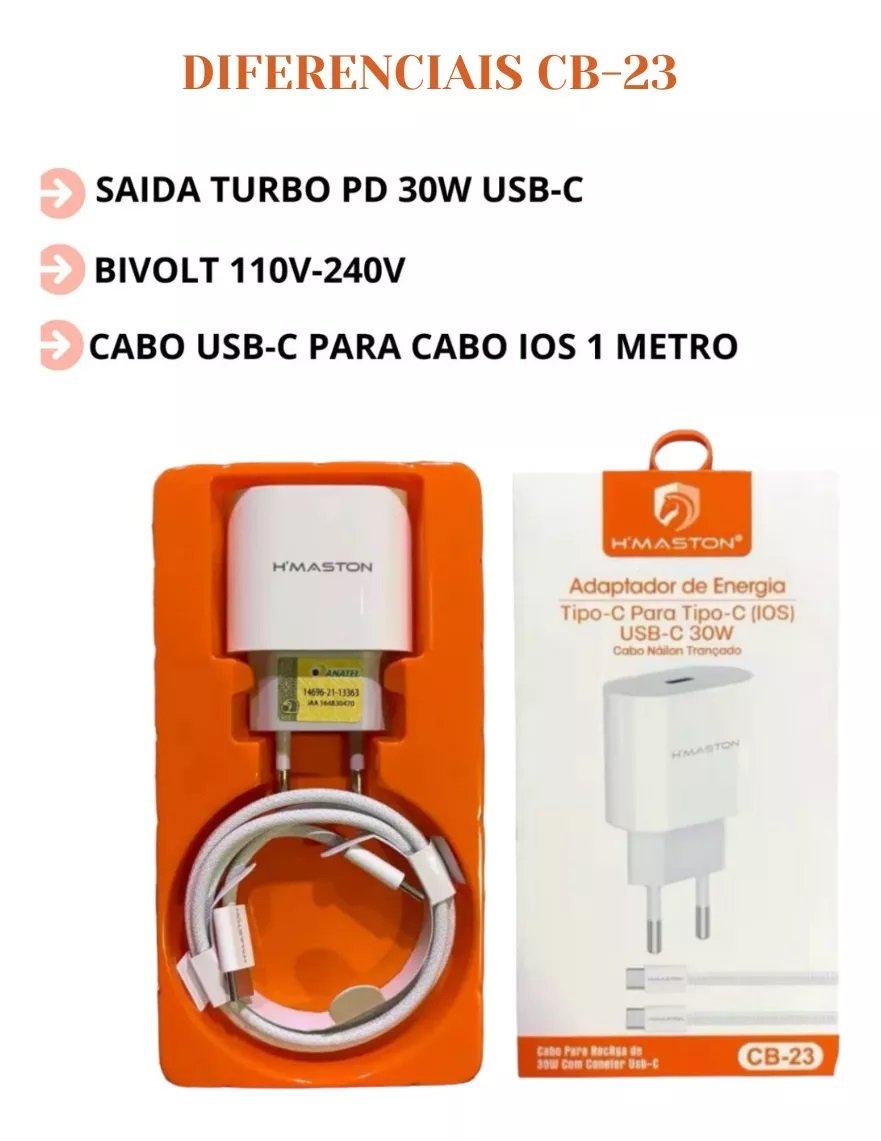 Carregador Turbo H'MASTON CB-23, 30W, Iphone 15, Com Cabo USB-C 1m, Branco - Image 2