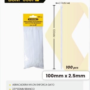 Abraçadeira Nylon BOMVINK BOM-5501, 2.5mmx100mm, 10cm, 100un, Branco