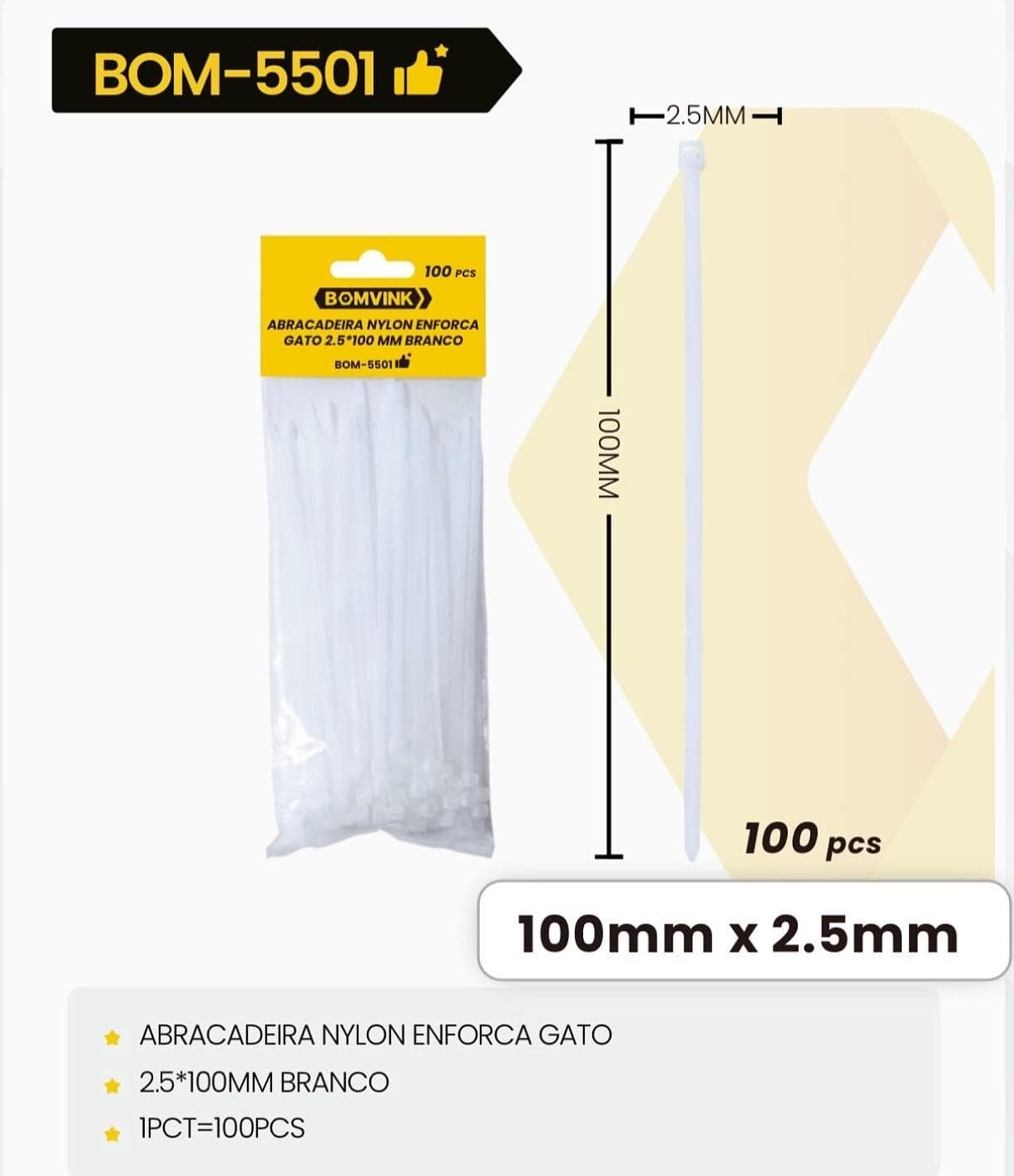 Abraçadeira Nylon BOMVINK BOM-5501, 2.5mmx100mm, 10cm, 100un, Branco